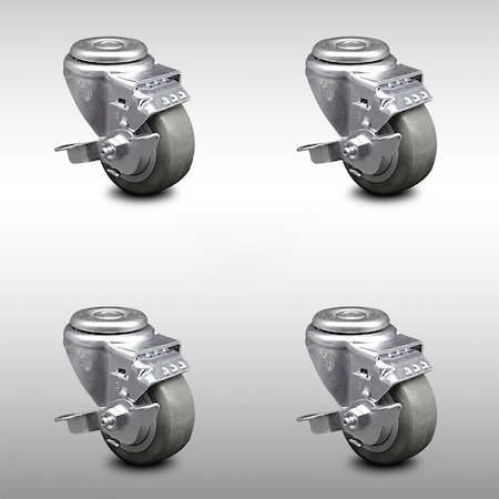 Service Caster 3.5 Inch SS Gray Polyurethane Wheel Swivel Bolt Hole Caster Set with Brake SCC SCC-SSBH20S3514-PPUB-TLB-4